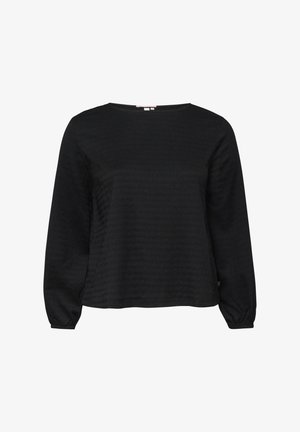 Czarna bluzka z długim rękawem wykonana z teksturowanej tkaniny, z okrągłym dekoltem i elastycznymi mankietami, przedstawiona na jednolitym białym tle.