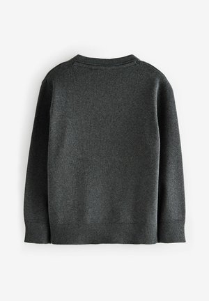 Donkergrijze gebreide trui met lange mouwen, ronde halslijn en geribde manchetten. Het materiaal lijkt zacht met een subtiele textuur en minimale detaillering.