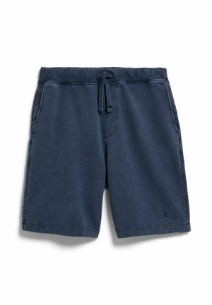 Marineblaue Freizeitshorts mit elastischem Bund, Kordelzug, seitlichen Taschen und kleinem aufgenähtem Logo nahe dem Saum am rechten Bein.