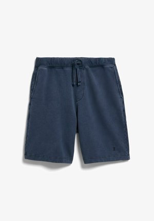 Marineblaue Freizeitshorts mit elastischem Bund, Kordelzug, seitlichen Taschen und kleinem aufgenähtem Logo nahe dem Saum am rechten Bein.
