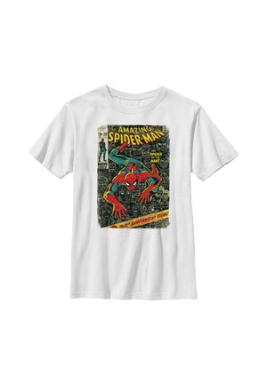 Hvid t-shirt med vintage tegneserieforside af Spider-Man, der kravler med fed gul og rød tekst, der siger "The Amazing Spider-Man."