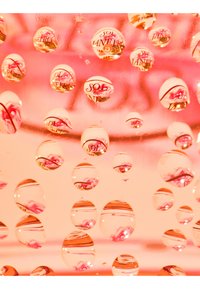 Close-up van waterdruppels op een transparant oppervlak, die een roze achtergrond en details van de tekst "SOL DE JANEIRO" binnen elke druppel weerspiegelen.