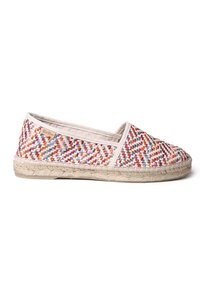 Geweven textiel espadrille met meerkleurige patronen in rood, blauw en geel, voorzien van een natuurlijke jute zool en beige afwerking.