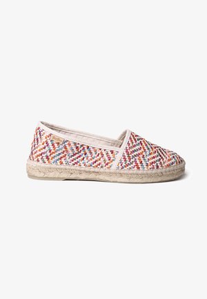 Gewebte Textil-ESPADRILLES mit mehrfarbigen Mustern in Rot, Blau und Gelb, ausgestattet mit einer natürlichen Jutesohle und beigen Akzenten.