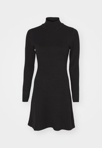 Abito nero a maglia con collo alto, maniche lunghe e silhouette a trapezio. Texture liscia senza motivi o accenti visibili.