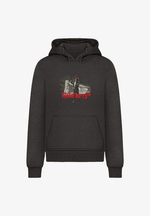 Schwarzer Hoodie mit einer Vordertasche, der einen grafischen Druck einer Figur mit einer Waffe und dem Text "FRIDAY THE 13TH" in Rot zeigt.