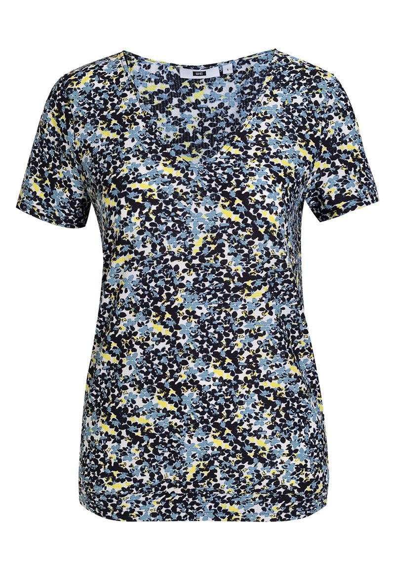Kortärmad topp i ett flerfärgat blommönster med blått, gult och svart. V-ringning med en mjuk tygkänsla.