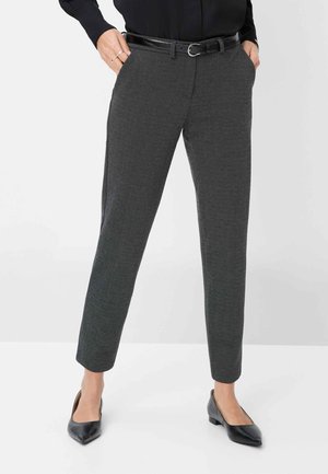 Gray patterned trousers with a straight fit, featuring a belt and side pockets, paired with black heeled shoes. Smooth texture and tailored design.