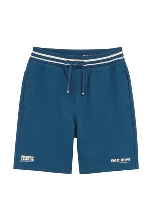 Blå afslappede shorts med stribet elastik i taljen, snøre, sidelommer og tekstlogoer "Soccer League" og "Bad Boys" foran.