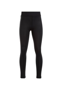 Sorte leggings lavet af strækstof med en glat tekstur, elastisk talje og en tætsiddende silhuet. Ingen synlige mønstre eller hardware.