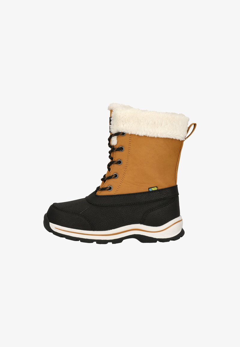 Braune und schwarze wasserdichte Stiefel mit Kunstfellkragen, runder Zehenform, Schnürung vorne, strukturiertem Obermaterial und weißer Gummisohle mit einem Streifen.