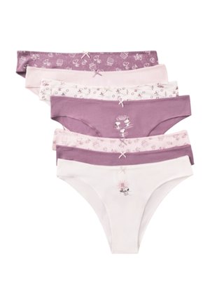 Sechs Damenunterhosen in verschiedenen Violett- und Weißtönen, versehen mit kleinen Schleifen und Snoopy-Motiven sowie Mustern.