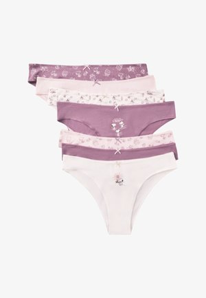 Six culottes pour femmes dans des tons de violet et blanc, avec de petits nœuds et des motifs à thème Snoopy.