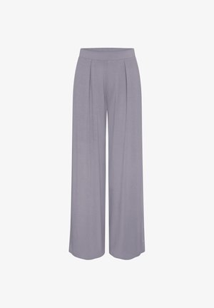 Lichtgrijze wijde broek gemaakt van een zachte stof, met een vlakke tailleband en voorplooien, die een ontspannen silhouet biedt.