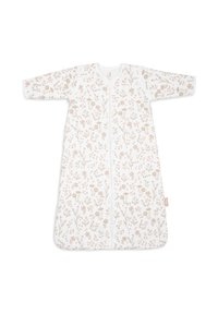 Sac de couchage blanc avec des manches longues, présentant un motif floral dans des tons doux de rose et de beige, avec une fermeture éclair centrale pour un enfilage facile.