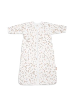 Sac de couchage blanc avec des manches longues, présentant un motif floral dans des tons doux de rose et de beige, avec une fermeture éclair centrale pour un enfilage facile.