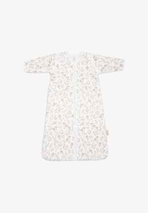 Sac de couchage blanc avec des manches longues, présentant un motif floral dans des tons doux de rose et de beige, avec une fermeture éclair centrale pour un enfilage facile.