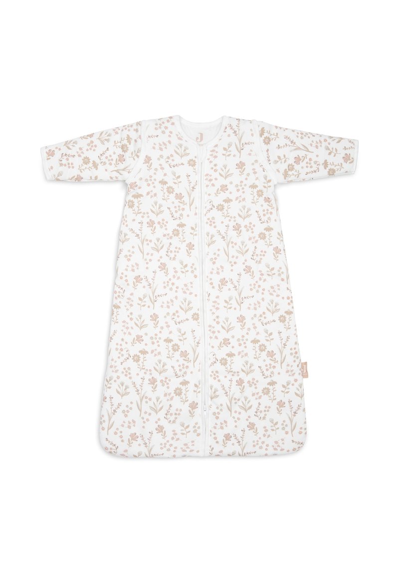 Sac de couchage blanc avec des manches longues, présentant un motif floral dans des tons doux de rose et de beige, avec une fermeture éclair centrale pour un enfilage facile.
