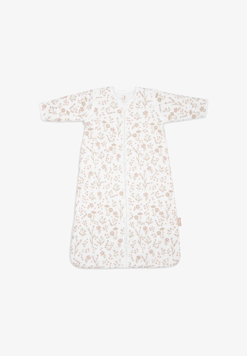 Witte slaapzak met lange mouwen, voorzien van een bloemenpatroon in zachte roze en beige tinten, met een centrale ritssluiting voor gemakkelijk aan- en uittrekken.