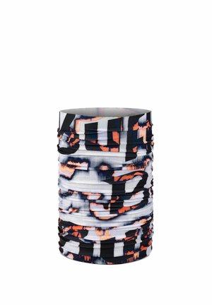 Multifunctional tubular neck gaiter with abstract black, white, and orange pattern, shown standing upright on white background.