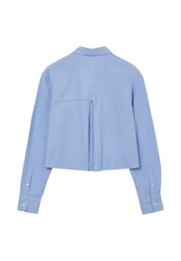 Camicia cropped a maniche lunghe blu chiaro con piega sul retro, polsini con bottoni e colletto classico su uno sfondo bianco.