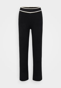 Černé kalhoty se štíhlým střihem, vyrobené z měkké tkaniny. Mají kontrastní krémový pas a rovný nohavicový střih. Bez vzorů nebo akcentů.