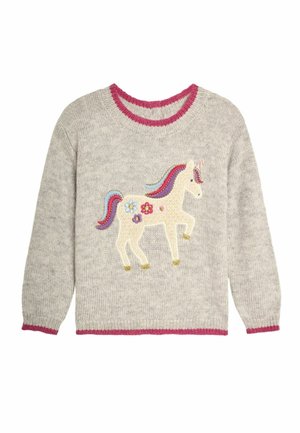 Lys grå strikket sweater med lange ærmer, pink ribbet halsudskæring og kant, med et broderet enhjørningedesign med blomster og farverig manke.