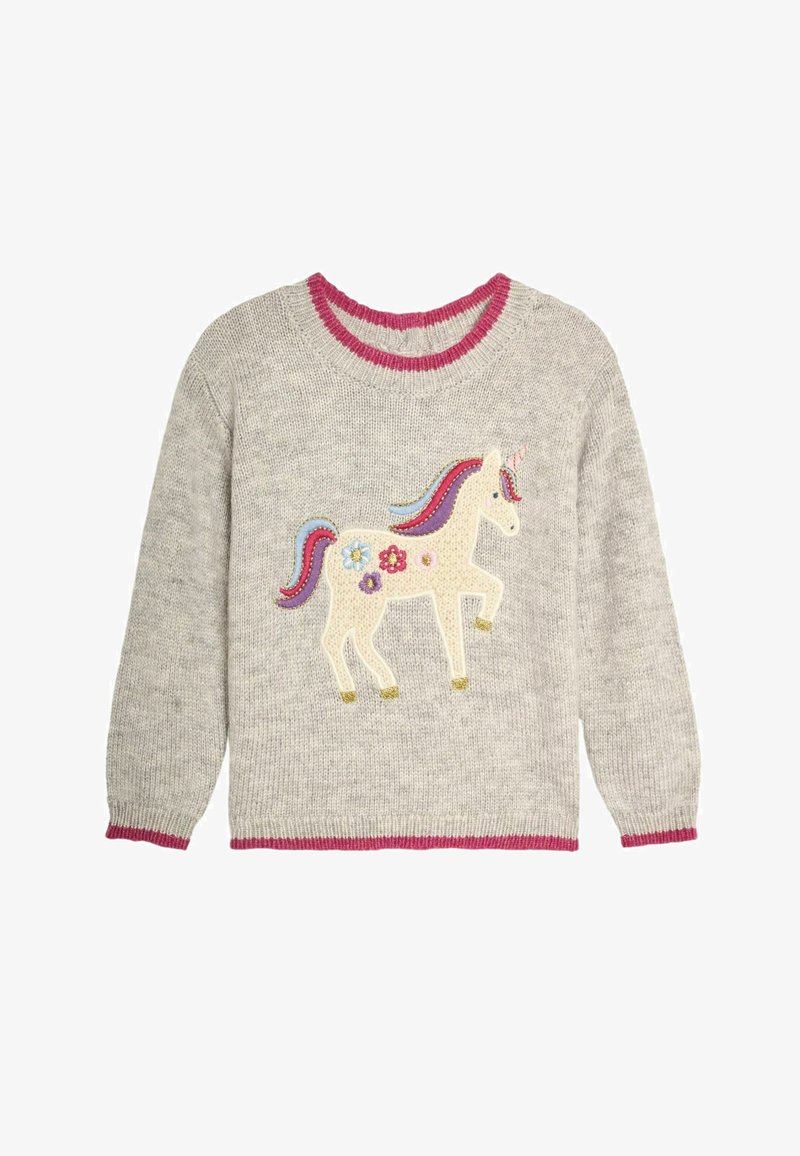 Šviesiai pilkas megztinis su ilgomis rankovėmis, rožinė aulinė apykaklė ir apvadas, su išsiuvinėtu vienaragio dizainu, aplink kurį yra gėlių ir spalvingų plaukų.