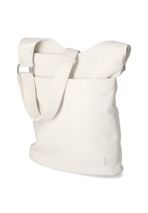 Sac bandoulière en cuir texturé blanc avec bandoulière réglable et fermeture à rabat, forme rectangulaire douce légèrement affaissée.