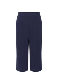 Pantalons navy cropped avec une texture lisse, une taille élastique et sans fermetures visibles, conçus pour le confort et la facilité de port.