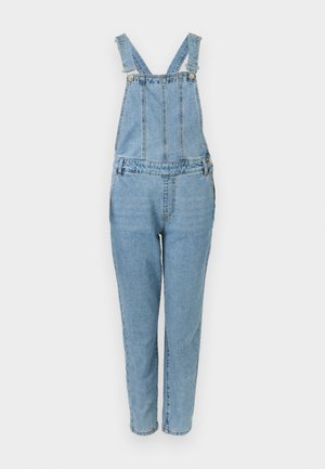 Light blue denim overalls featuring shoulder straps, a fitted bodice, and tapered legs with stitching details along seams and pockets.
