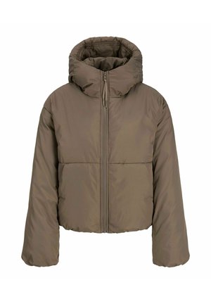 Късо пухено яке в маслинено зелено, с висока яка, преден цип и еластични маншети. Гладка, водоустойчива материя с матов завършек.