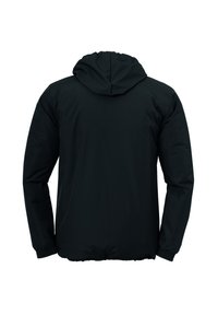 Zwarte hoodie met elastische cuffs en onderrand, gemaakt van soepel, lichtgewicht materiaal, met een eenvoudig, minimalistisch ontwerp.