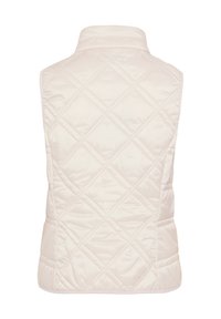 Gestepptes ärmelloses Weste in hellcreme Farbe, mit hohem Kragen, rautenförmigem Muster und glatter, glänzender Textur. Einfaches und funktionales Design.