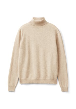 Beige rolák vyrobený z měkké pleteniny, s ribovaným límcem a manžetami, uvolněný střih a rovný lem.