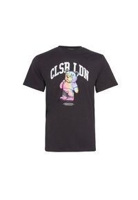 Sort bomulds t-shirt med et levende, regnbuefarvet bjørne-grafik og teksten "CLSR LDN" ovenfor i fede hvide bogstaver. Klassisk crew neck design.