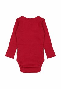 Body rosso a maniche lunghe con texture a coste, scollatura rotonda e chiusura a scatto sul fondo. Realizzato in tessuto morbido, con design semplice.