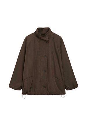 Braune Jacke mit Knöpfen, hohem Kragen, langen Ärmeln, zwei Taschen und verstellbaren Kordeln am Saum.