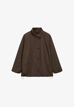 Brown button-up jacket with high collar, long sleeves, two pockets, and adjustable drawstrings at hem.