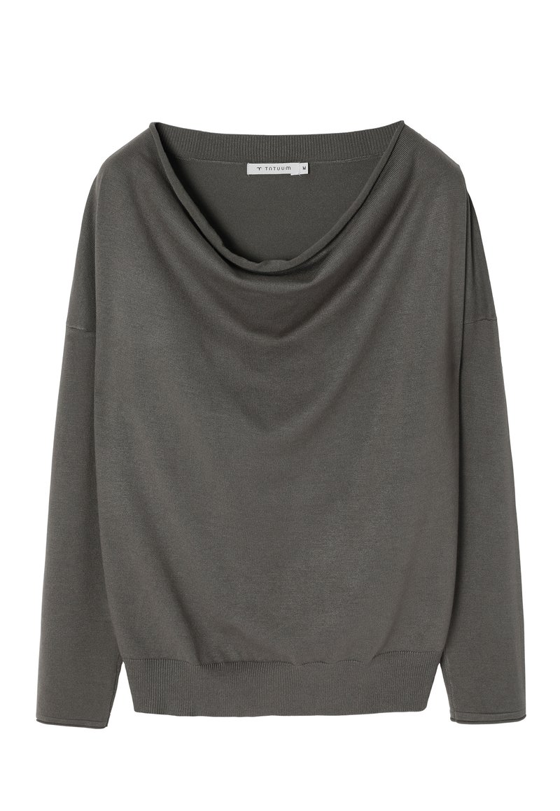 Maglione scuro grigio con collo a cappa in tessuto morbido, caratterizzato da maniche lunghe e orlo a coste, progettato per una vestibilità rilassata. Stile semplice e minimale.