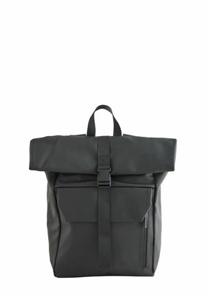 Black roll-top backpack made of durable material with a front pocket, adjustable strap, and side zipper for easy access.