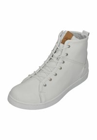 White high-top sneaker made of smooth leather with metal eyelets, laces, and a brown accent on the collar. Rubber sole.