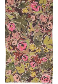 Coperta floreale con grandi rose rosa e foglie verdi su uno sfondo multicolore. Texture morbida con bordi frangiati.
