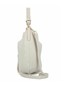 Beige Lederhandtasche mit einem strukturierten Schultergurt, ausgestattet mit goldfarbener Hardware und einer glatten Oberfläche, entworfen in einer schlanken, geschwungenen Form.