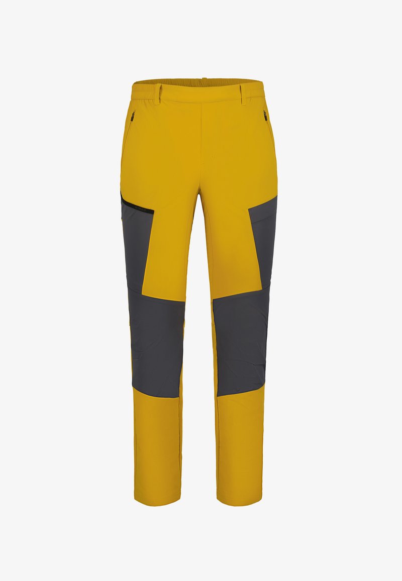 Gele outdoorbroeken met grijze paneelaccenten, met een gladde textuur, elastische tailleband en met rits afgesloten zakken aan de zijkanten.