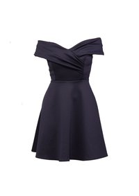 Abito blu navy a spalle scoperte con scollo arricciato, corpino aderente e gonna svasata. Realizzato in tessuto liscio con una leggera lucentezza.