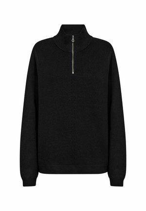 Fekete kötött pulóver magas gallérral és fém cipzárral. Bordás mintázatú, hosszú ujjú, bordás mandzsettával.