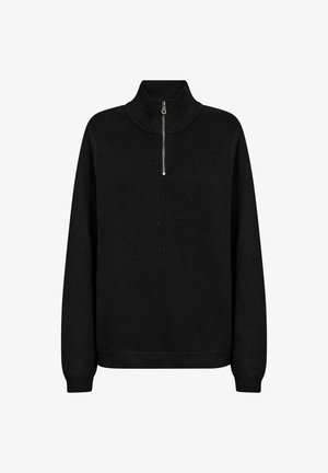 Fekete kötött pulóver magas gallérral és fém cipzárral. Bordás mintázatú, hosszú ujjú, bordás mandzsettával.