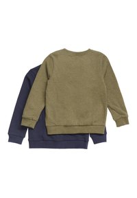 Dwie bluzy z okrągłym dekoltem, jedna oliwkowa, a druga granatowa, z długimi rękawami oraz ściągaczami przy mankietach i u dołu, wyeksponowane z widoku tyłu.