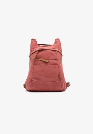 Red fabric backpack with a smooth texture, featuring a front pocket, leather accents, and a unique cut-out top design for easy carrying.